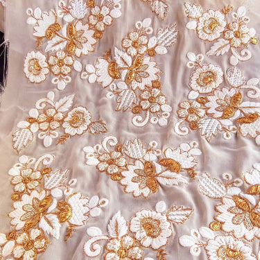 Beige Lace With Floral Embroidery In Off White And Bronze Work, Embroidered Trim, 1 Yard Trim